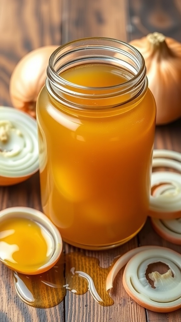 A jar of homemade onion honey cough syrup with sliced onions and honey on a wooden table.